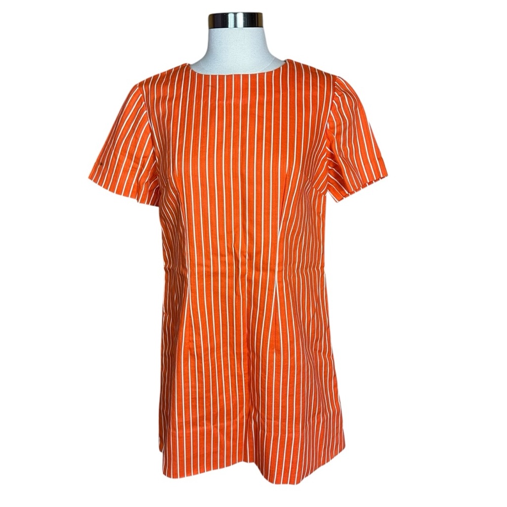 Vintage 70s Handmade Orange White Striped Short Sleeve Mini Shift Dress